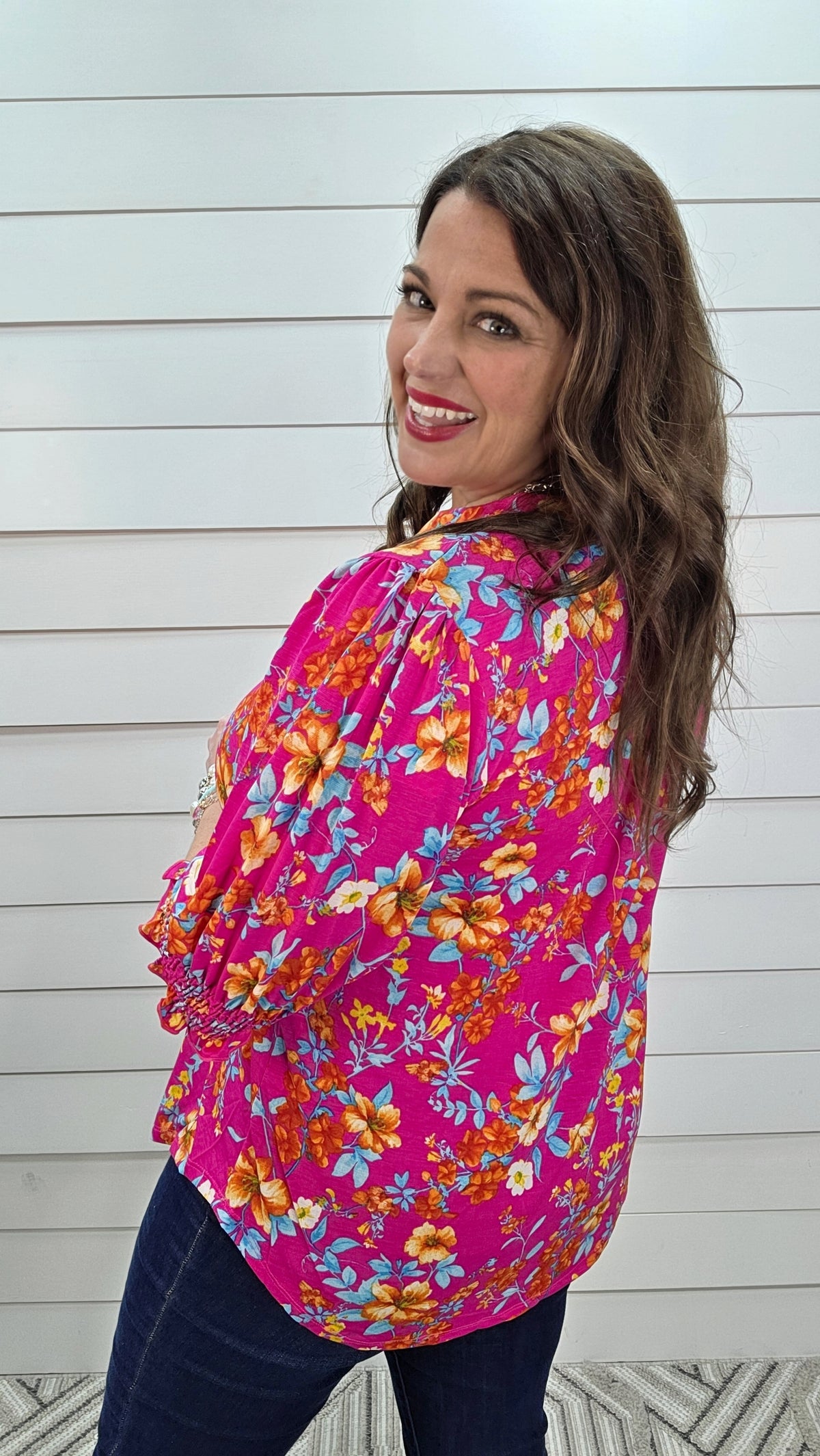 DEAR SCARLETT SMOCKED TOP - HOT PINK FLORAL PRINT