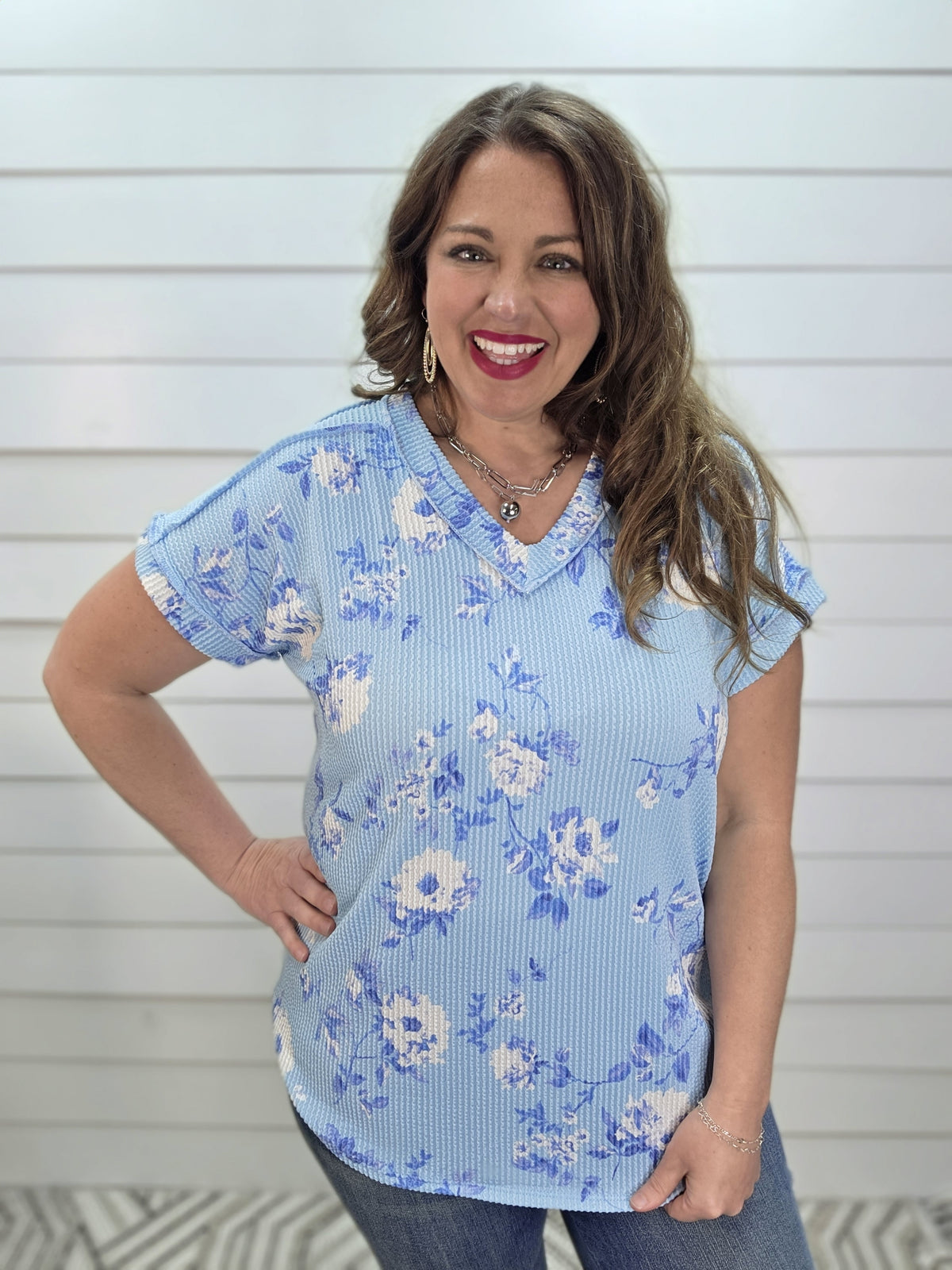 SKY BLUE RAISED RIBBED FLORAL V NECK KNIT TOP