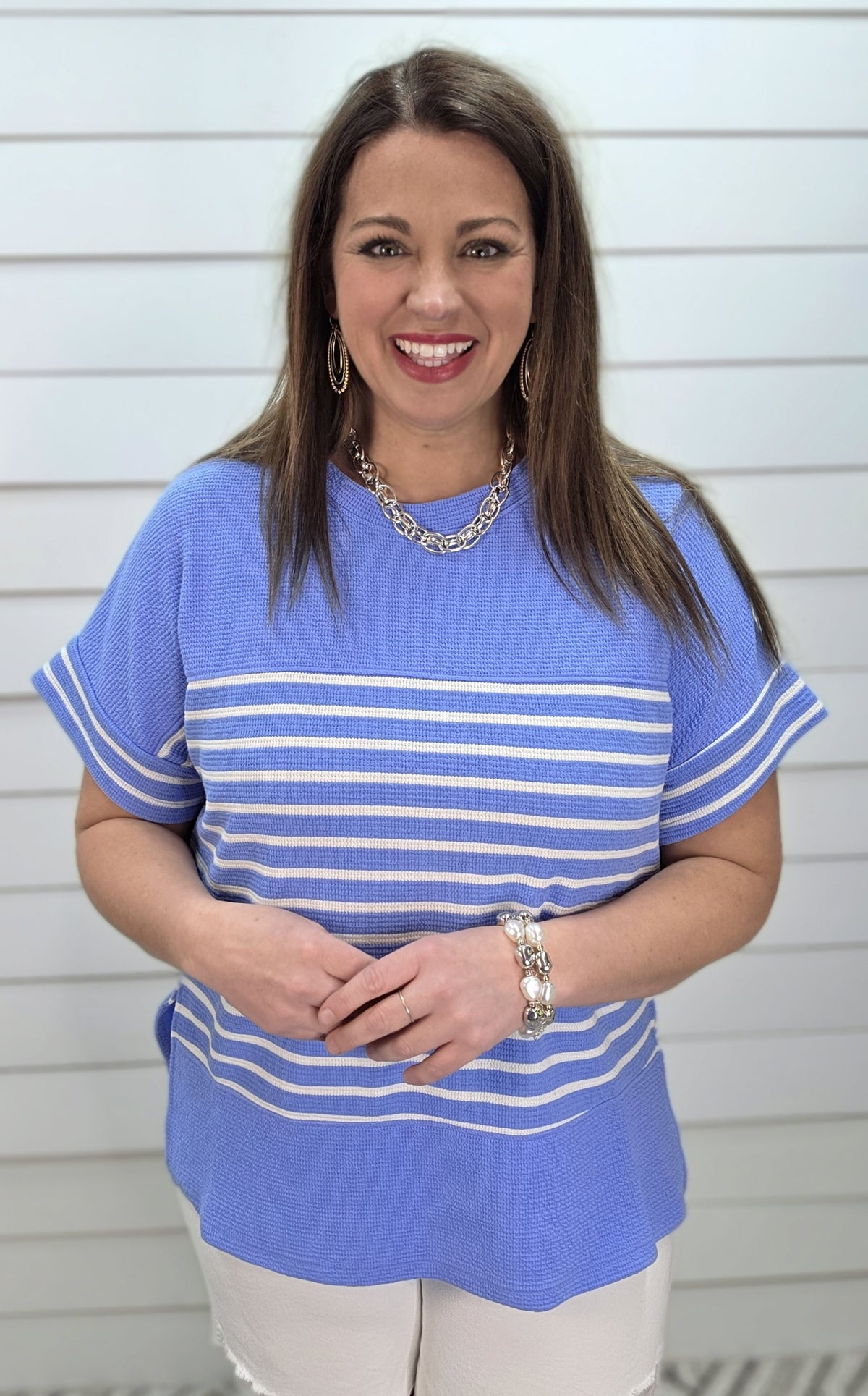 BLUE/WHITE STRIPED CLOUD FABRIC KNIT TOP