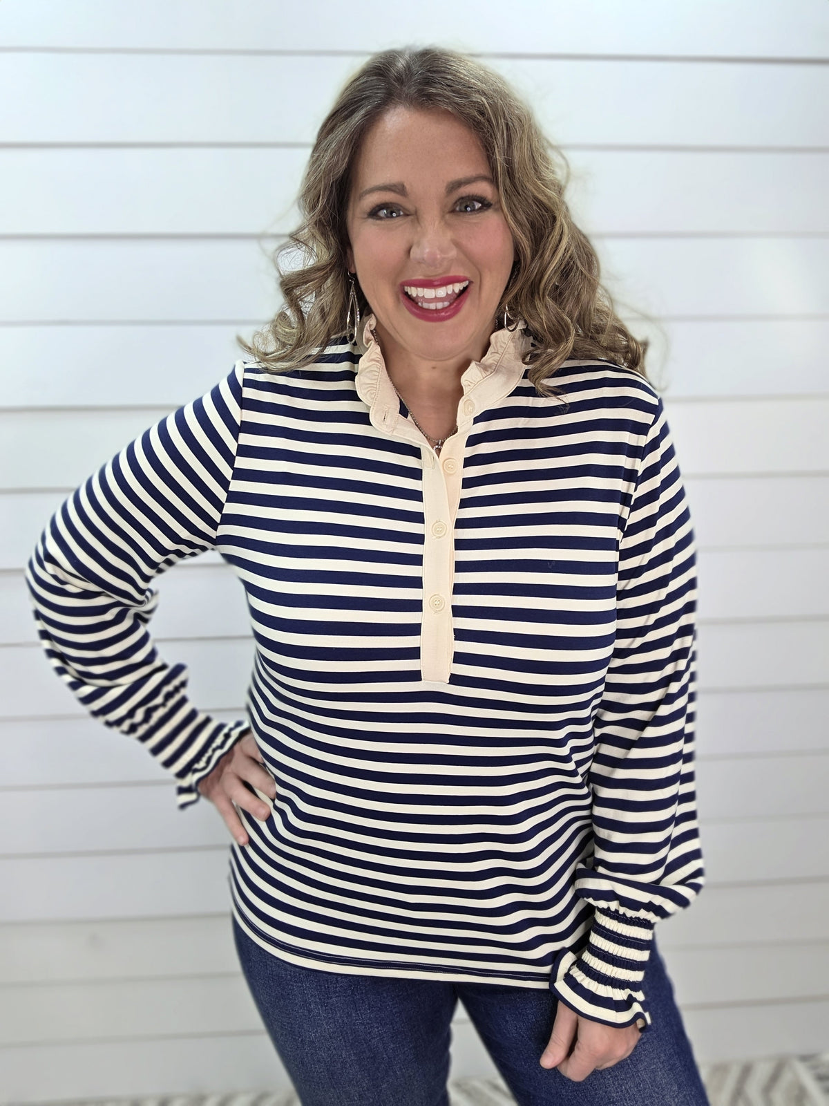 NAVY STRIPED HIGH RUFFLE NECKLINE WITH SMOCKED SLEEVES KNIT TOP