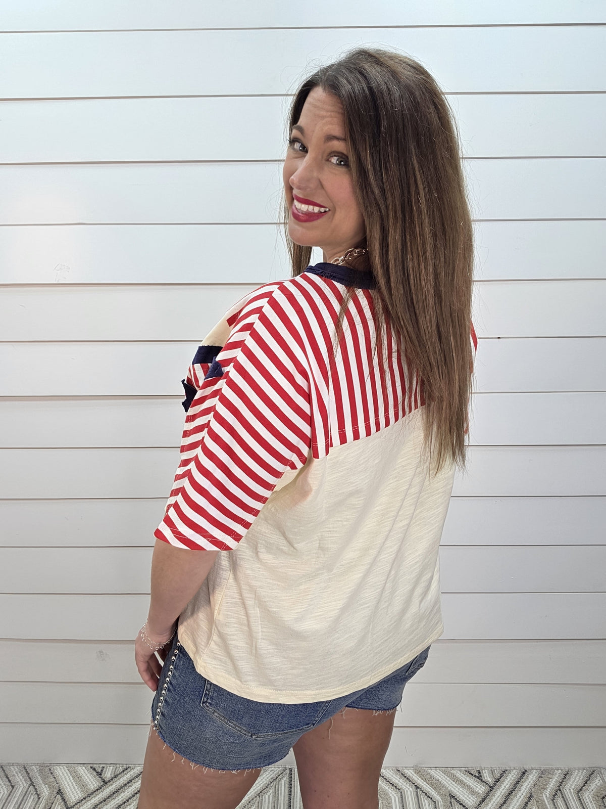 OATMEAL/RED/NAVY STAR/STRIPED KNIT TOP