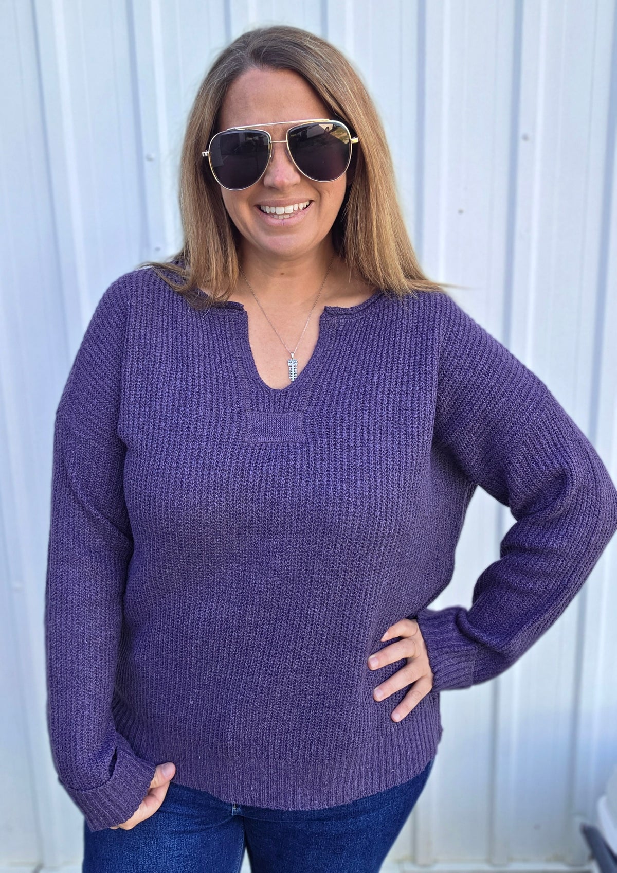 Eggplant Slit Neck With Patch Detail, Long Sleeve, Ribbed, Solid Sweater