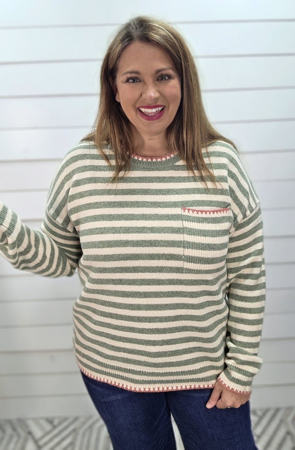 DARK SAGE STRIPED Pop Color Blanket Stitch Finished Chest Pocket Long Sleeve Striped Sweater