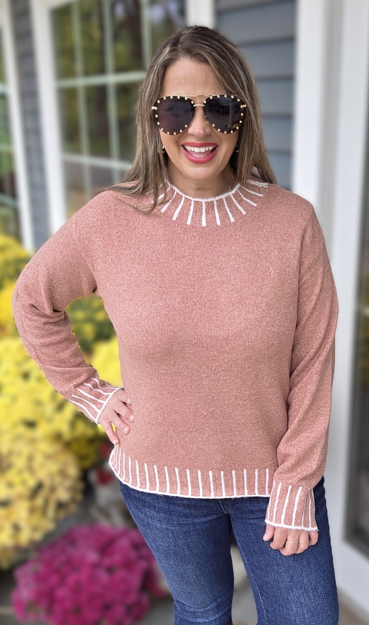 MAUVE FAUX STITCH DETAIL KNIT SWEATER