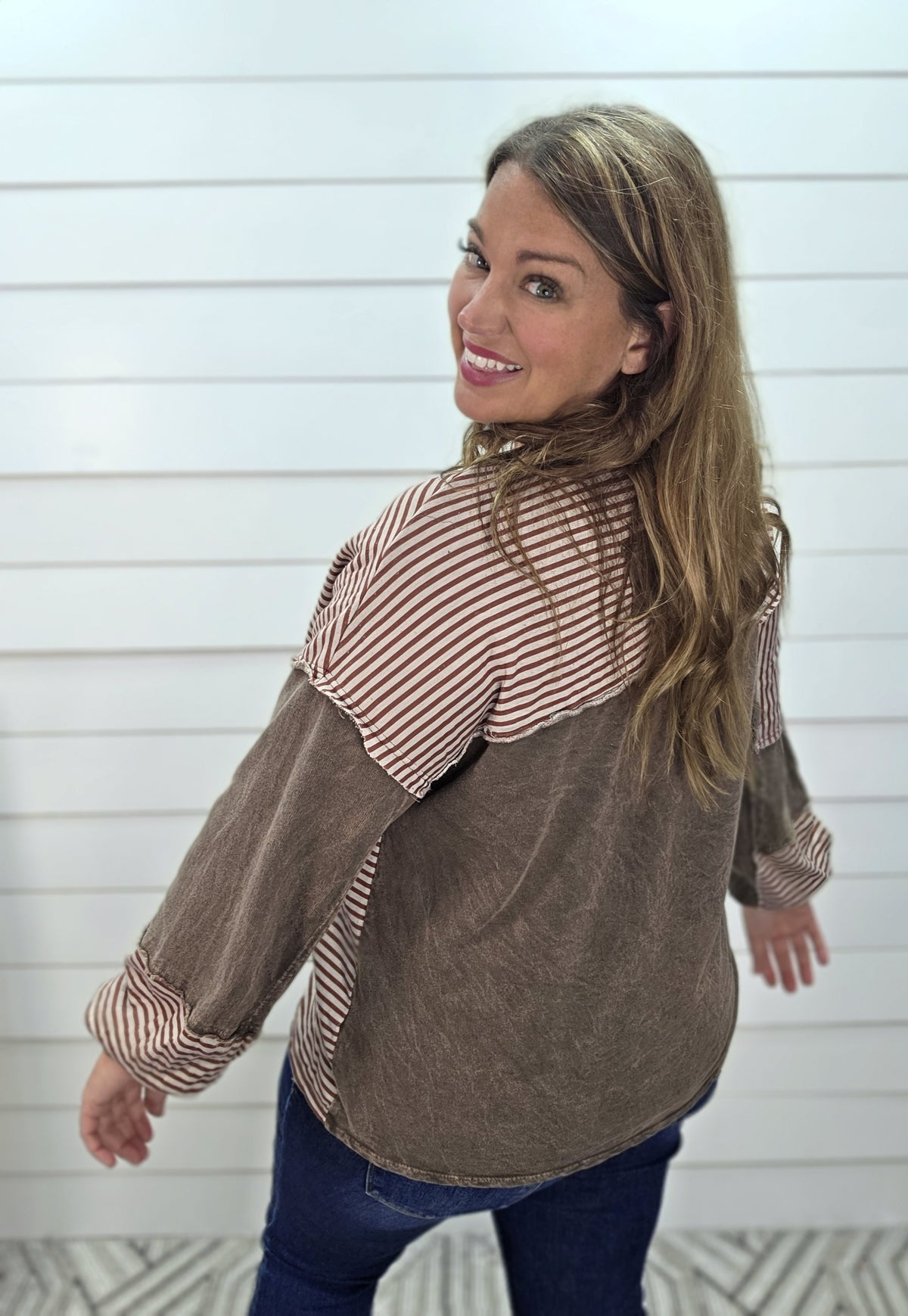 ASH OAK Mineral Washed Striped Contrast Henley Knit Top
