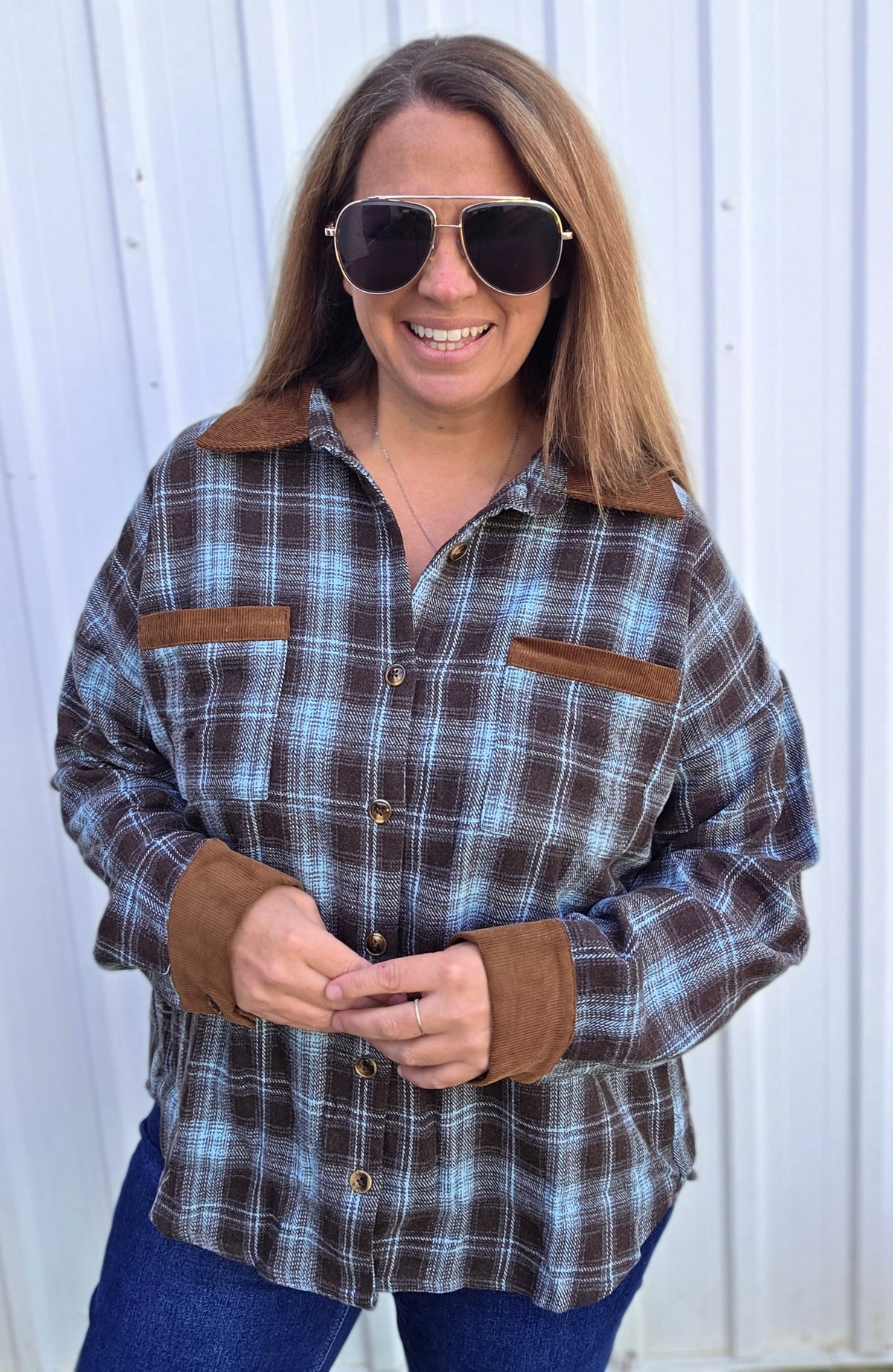 Blue Collared, Corded Patch Pocket, Front Button Down, Brushed Plaid Top