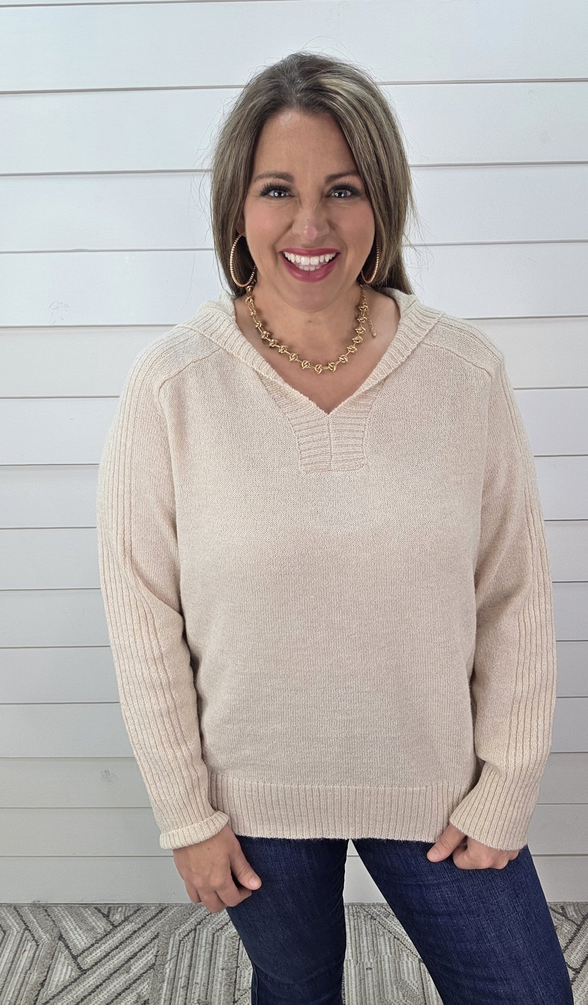 OATMEAL HOODED LIGTH WEIGHT RIBBED CONTRAST SWEATER