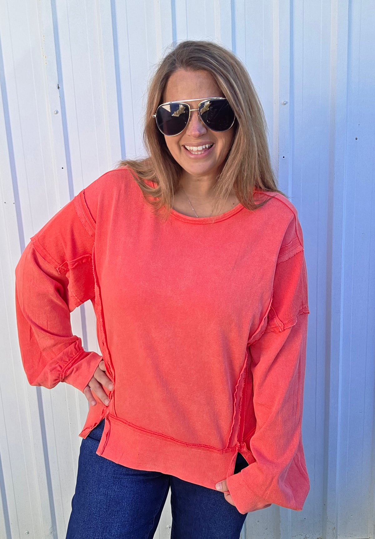 CORAL SOFT FRENCH TERRY PULLOVER WITH SPLIT FRONT AND RAW SEAMS