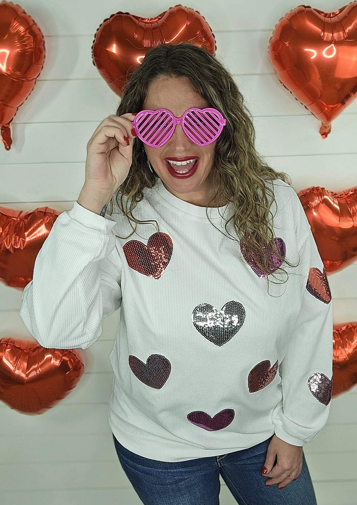 WHITE CORDED PULLOVER W/ SEQUIN HEARTS