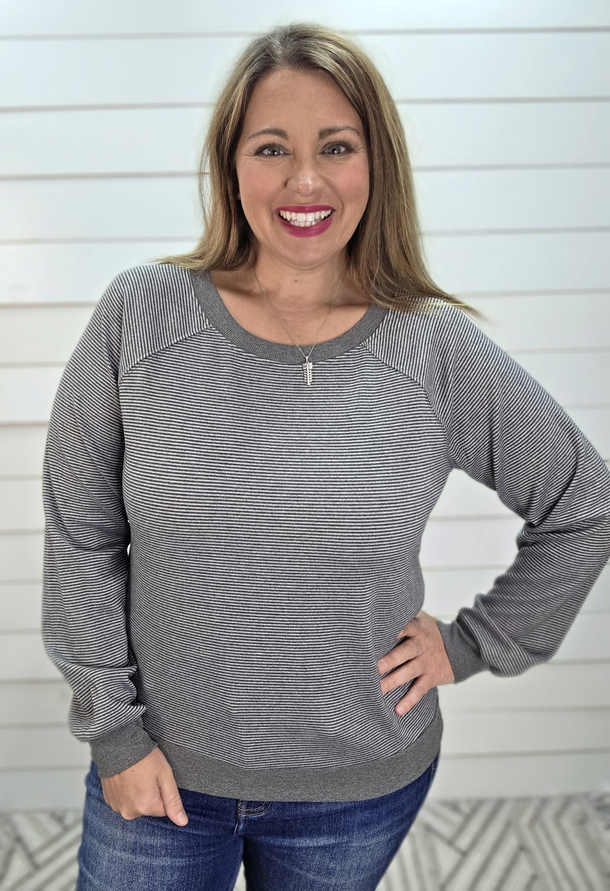 HEATHER GREY Crew Neck, Long Sleeve, Pinstriped Heavy Techno Top