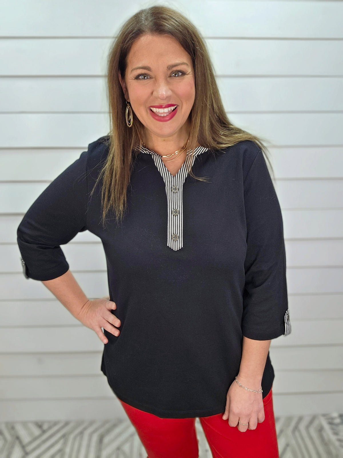 BLACK COTTON BLEND TOP W/ PINSTRIPE DETAIL