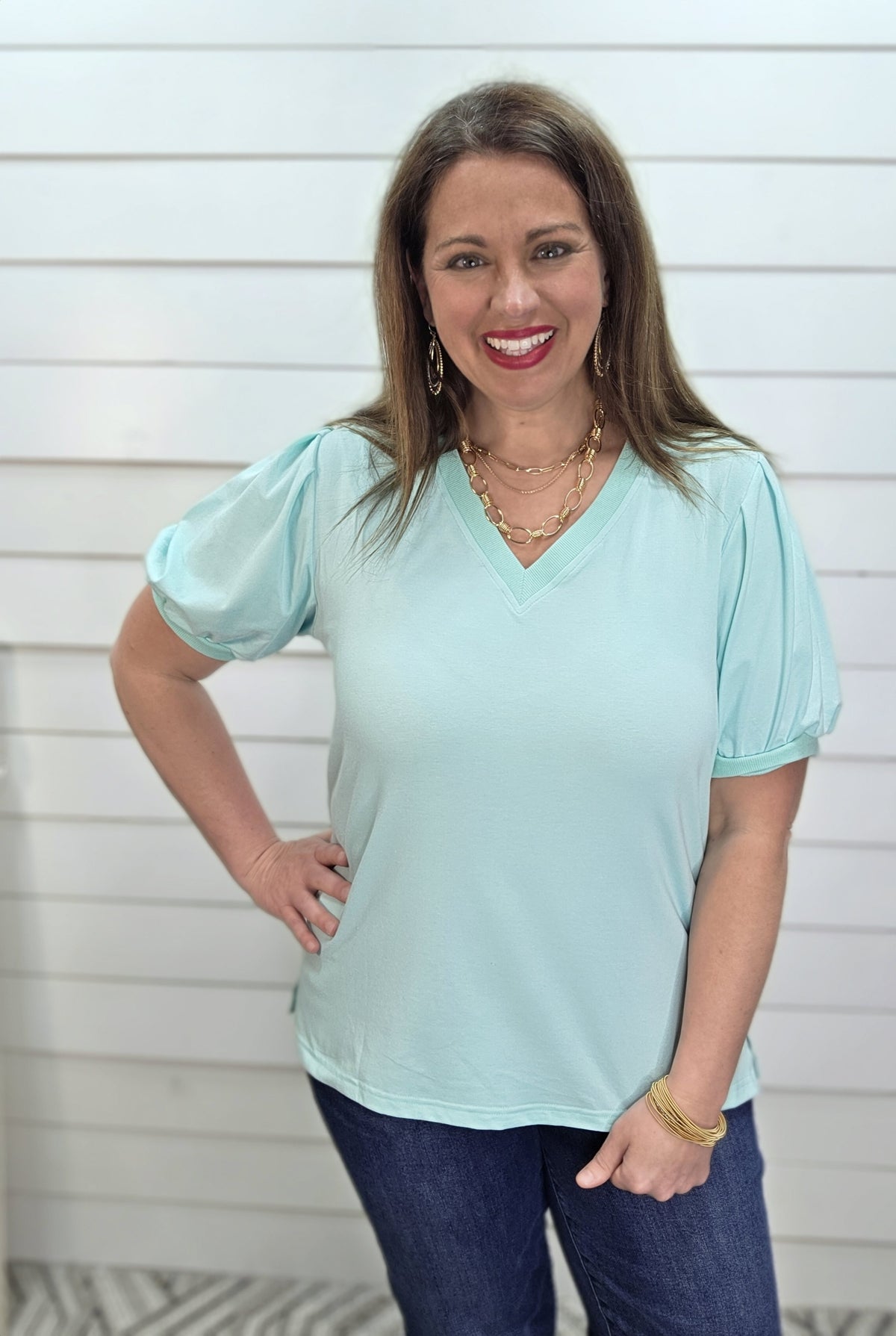 MINT V NECK PUFF SLEEVE KNIT TOP