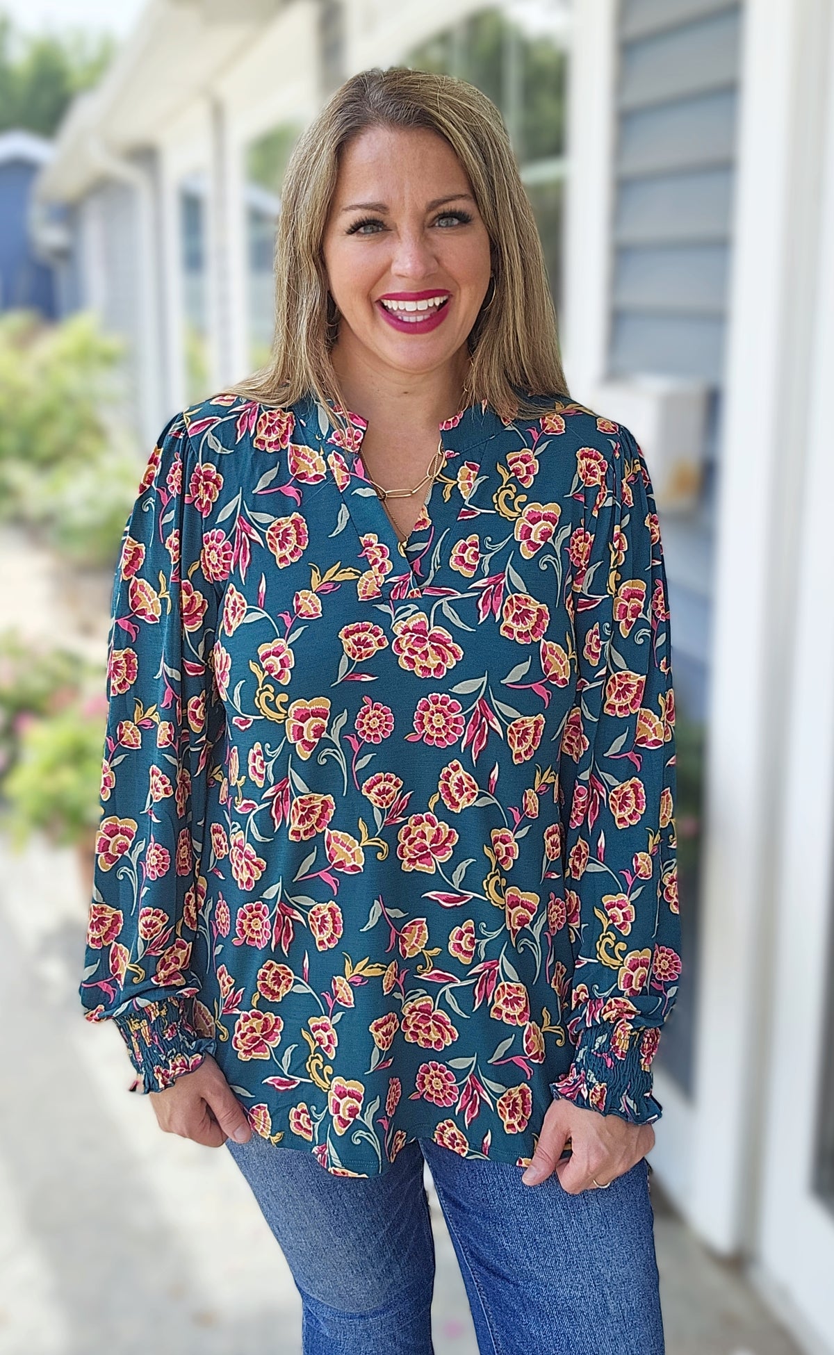 DEAR SCARLETT JEWEL GREEN FLORAL LONG SLEEVE SMOCKED LIZZY