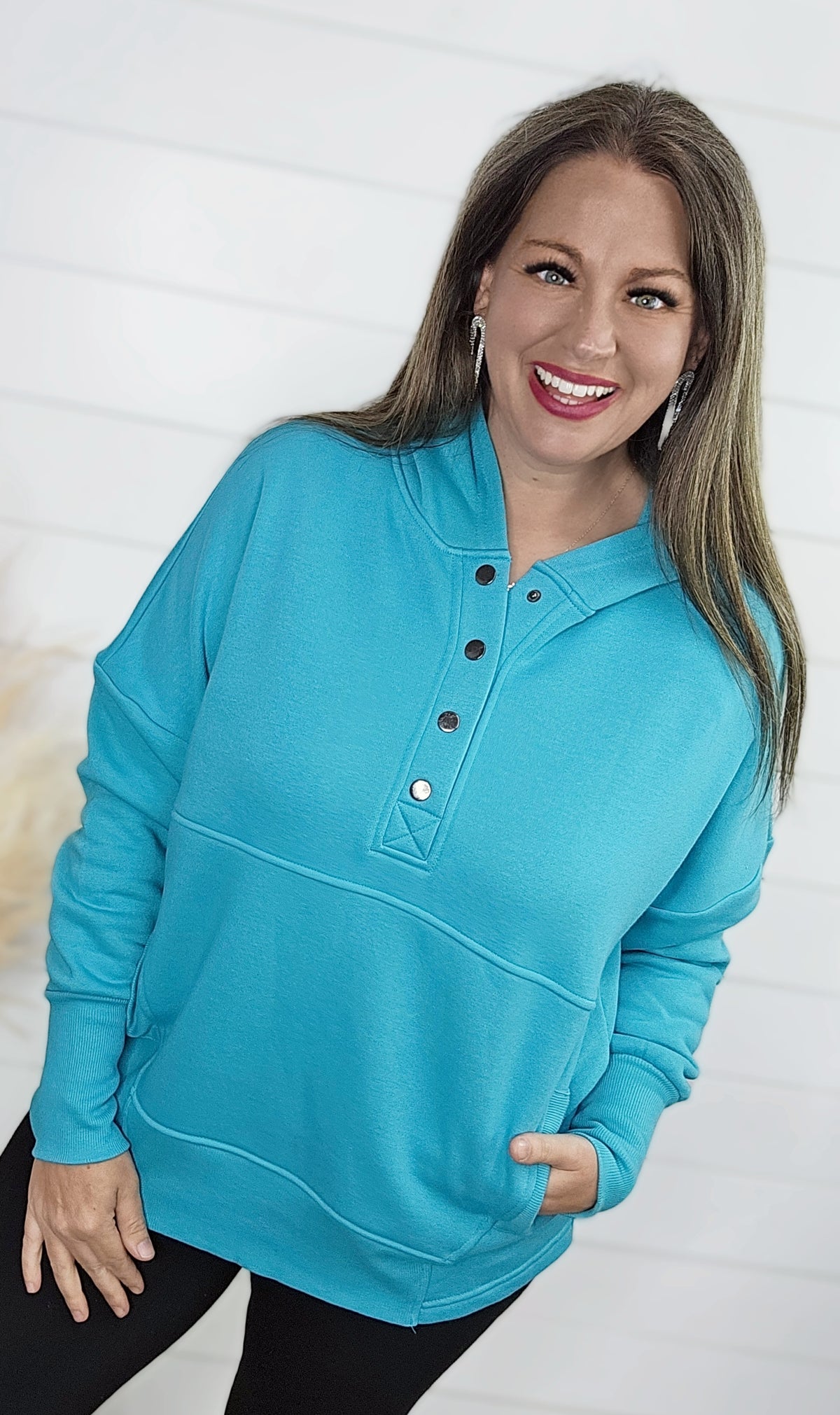 TURQUOISE SNAP HALF BUTTON HOODED FLEECE PULLOVER