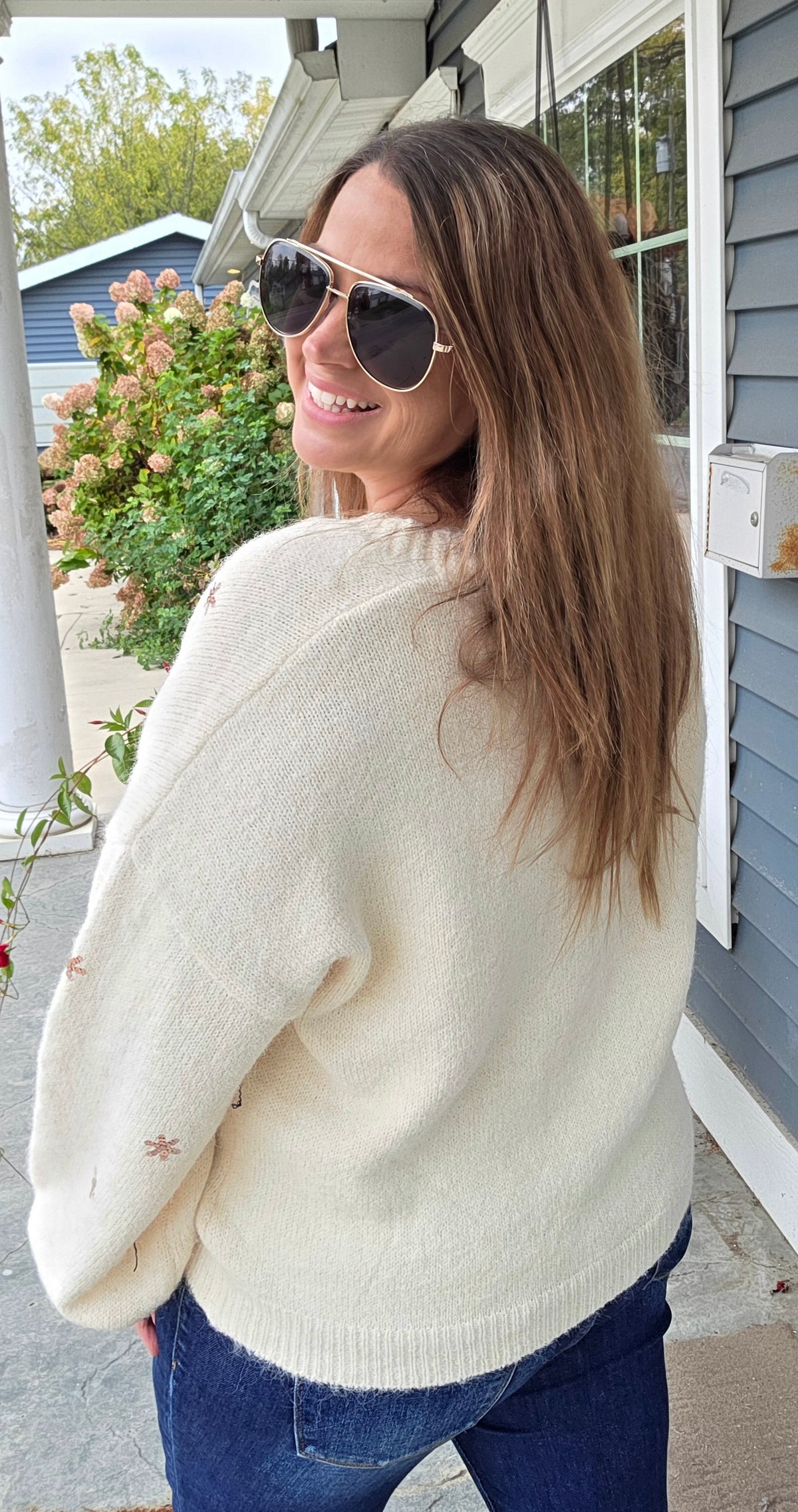 IVORY CHRISTMAS TREE V NECK BUTTON OVERSIZED CARDIGAN