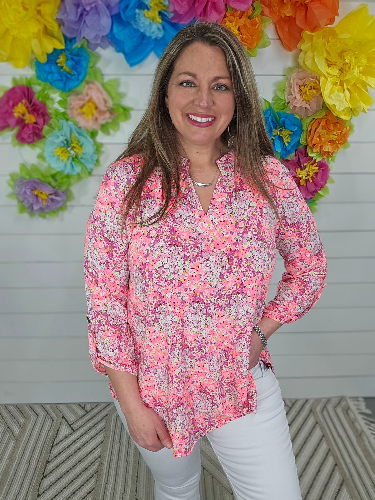 NEON PINK FLORAL 3/4 SLEEVE LIZZY TOP