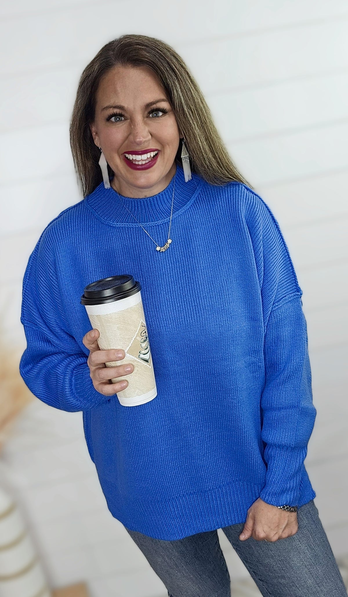 BLUE DROP SHOULDER OVERSIZED MOCK NECK SWEATER