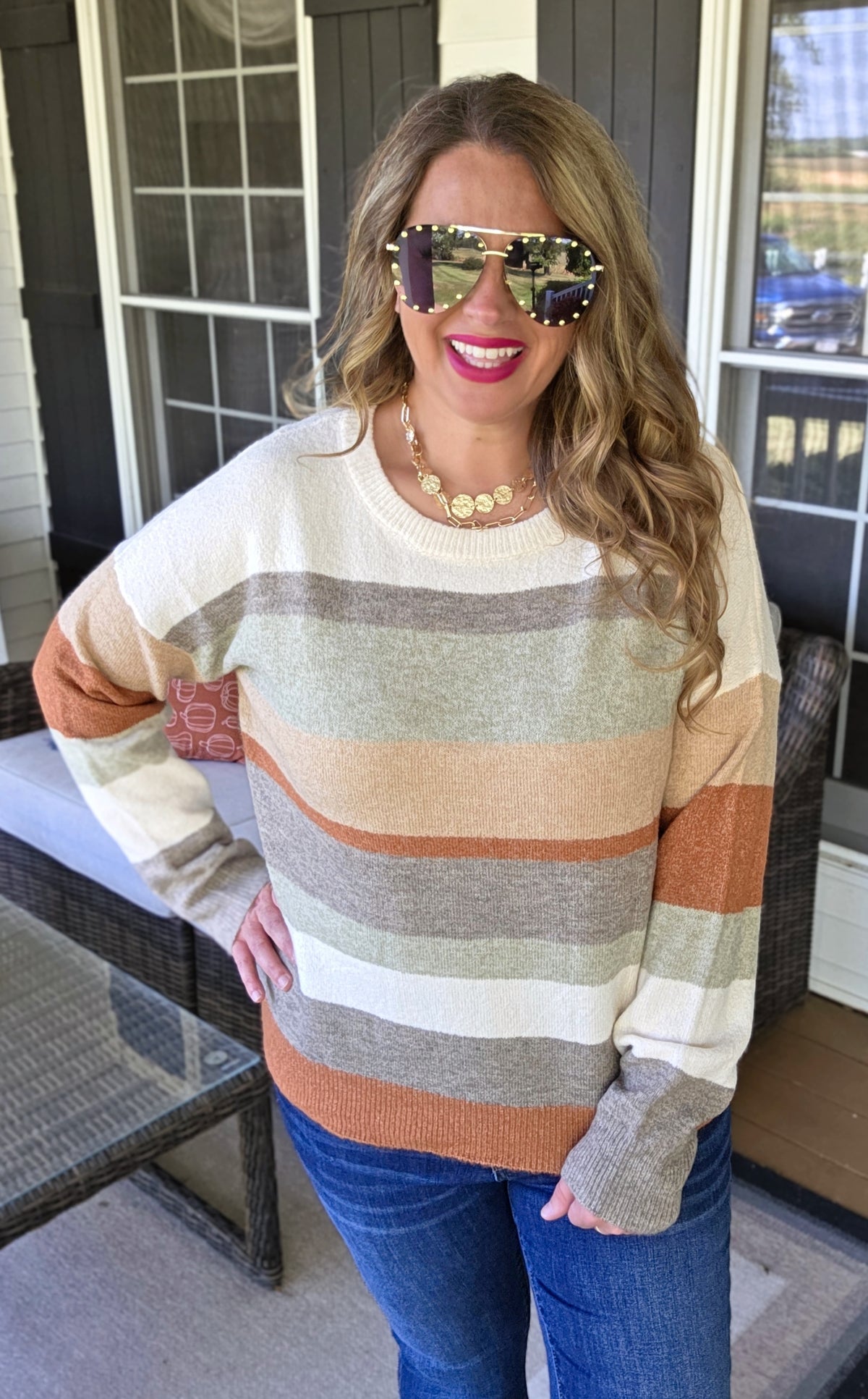 MOCHA/TAUPE/RUST COLORBLOCK KNIT LIGHT WEIGHT SWEATER