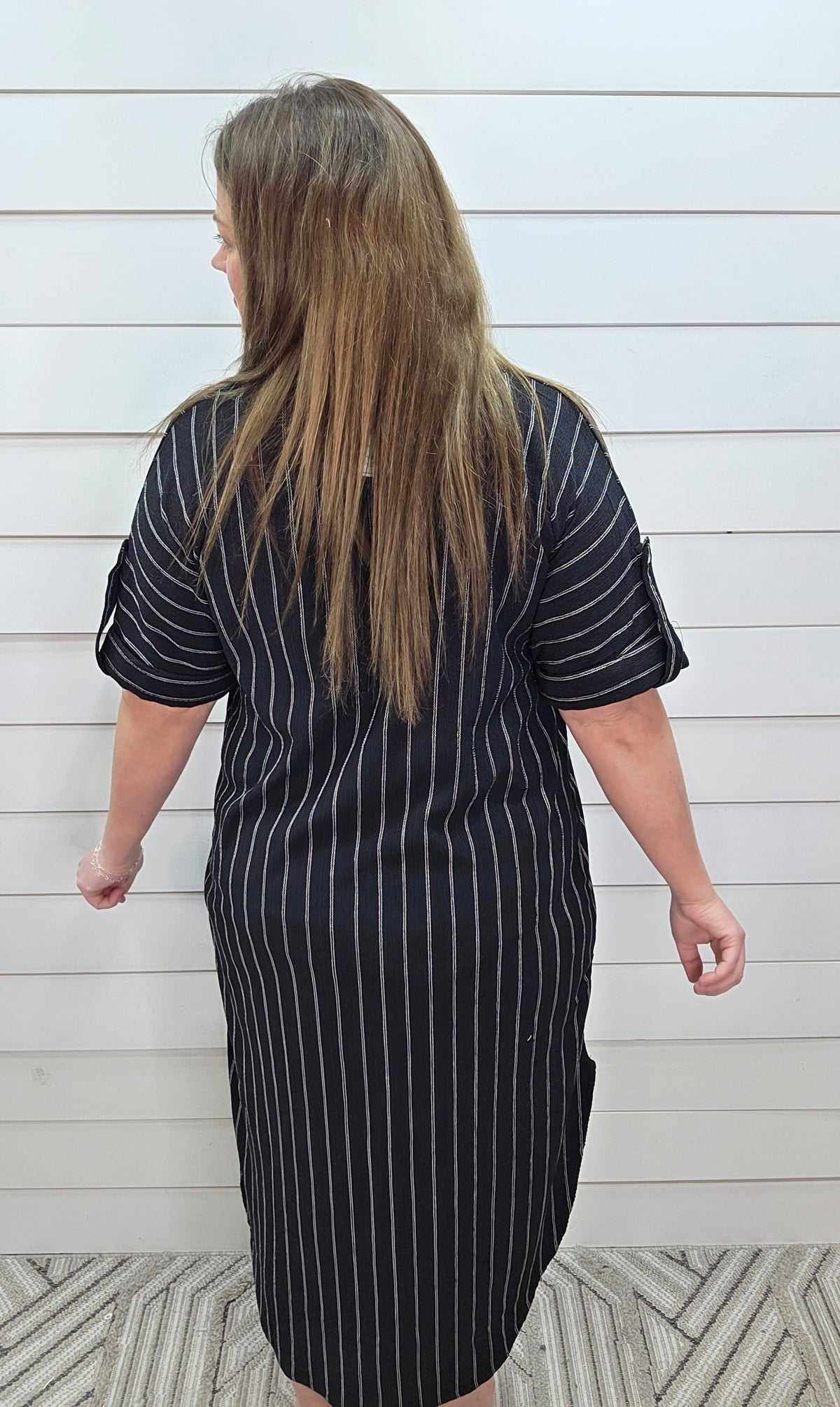 BLACK PIN STRIPE BUTTON DOWN SHIFT DRESS