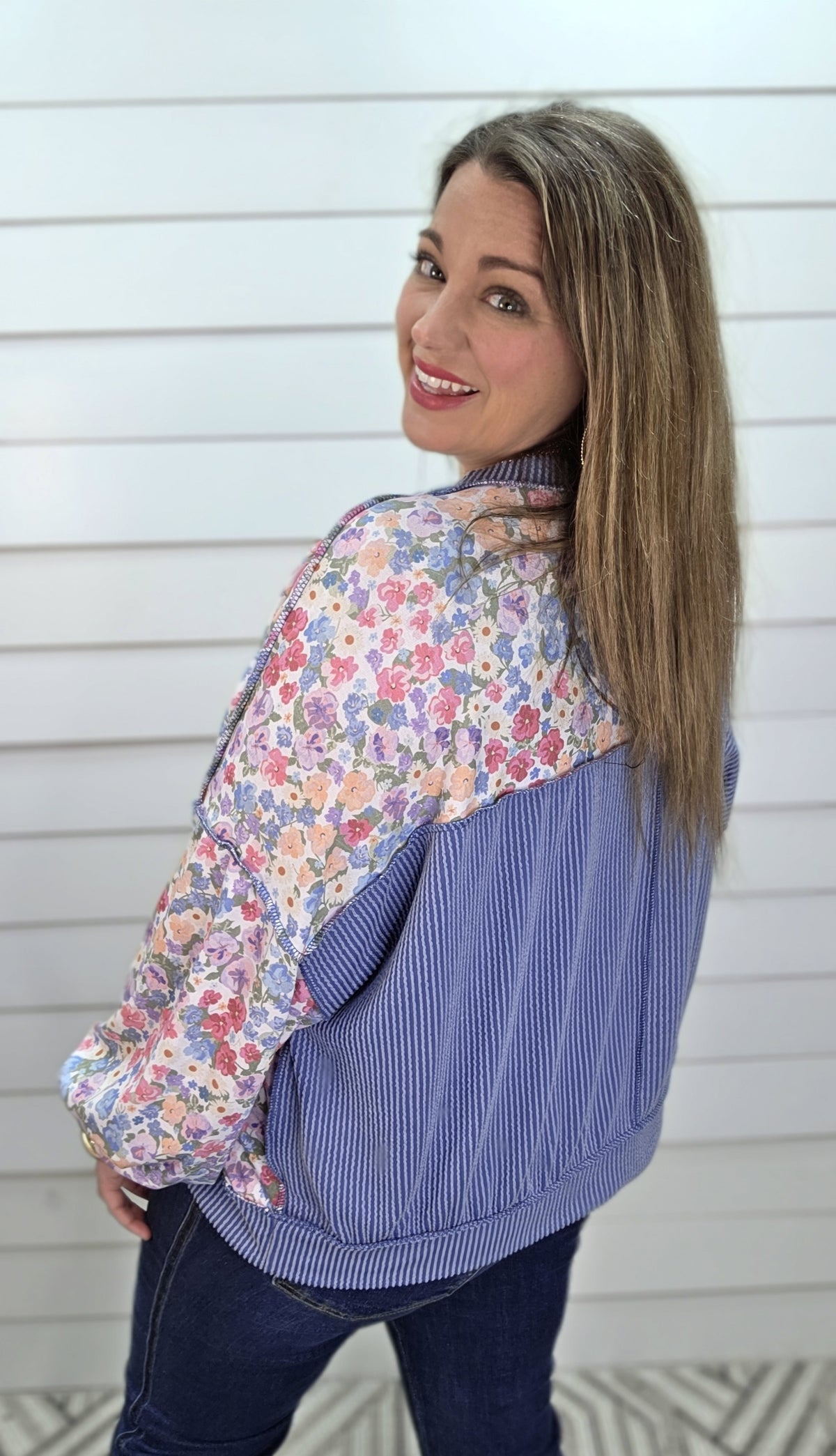 DENIM/ BLUE/IVORY FLORAL/RAISED RIBBED OVERSIZED KNIT TOP