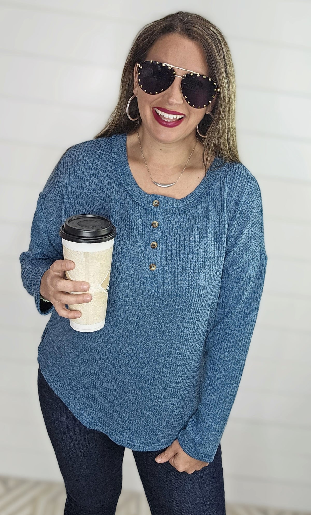 DUSTY TEAL TEXTURED HENLEY LONG SLEEVE KNIT TOP