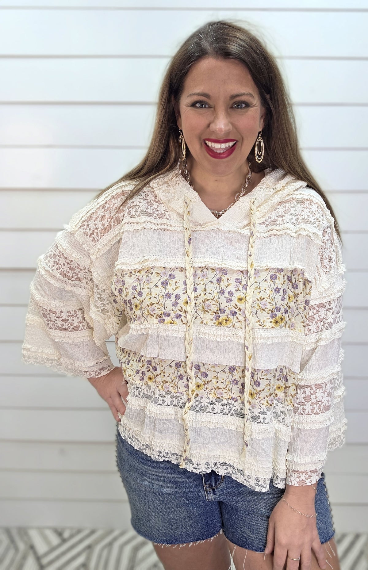 POL FLORAL/CREAM LACE COLORBLOCK LIGHT WEIGHT HOODED TOP