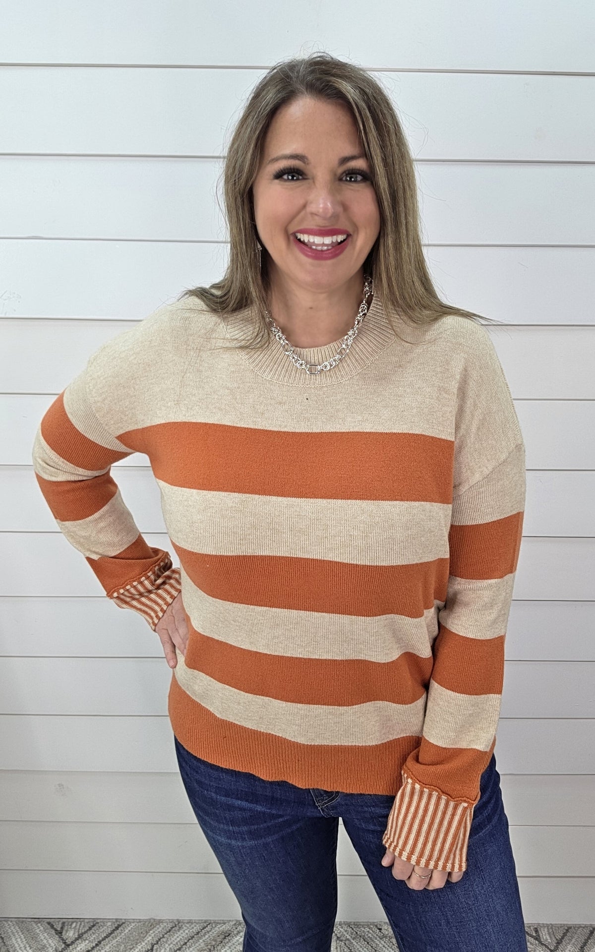 PUMPKIN STRIPED PULLOVER KNIT SWEATER WITH CONTRAST CUFFS