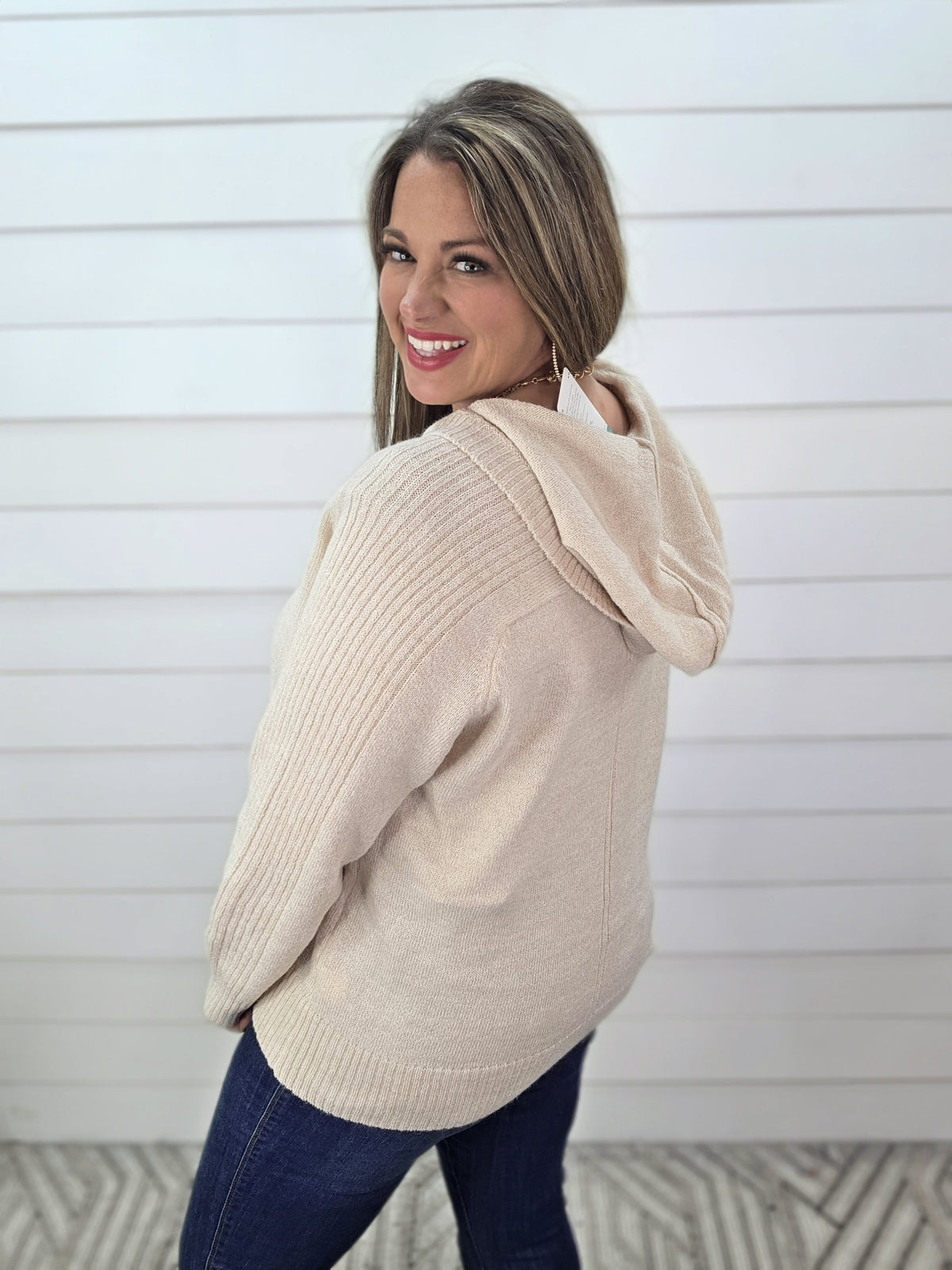 OATMEAL HOODED LIGTH WEIGHT RIBBED CONTRAST SWEATER