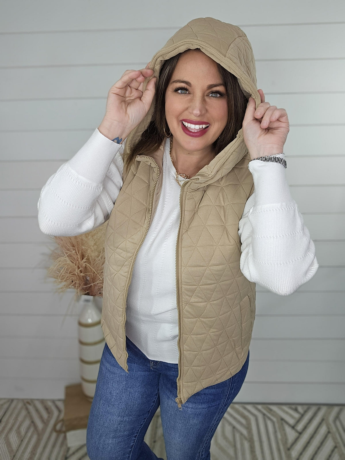 TAUPE QUILTED HOODED VEST