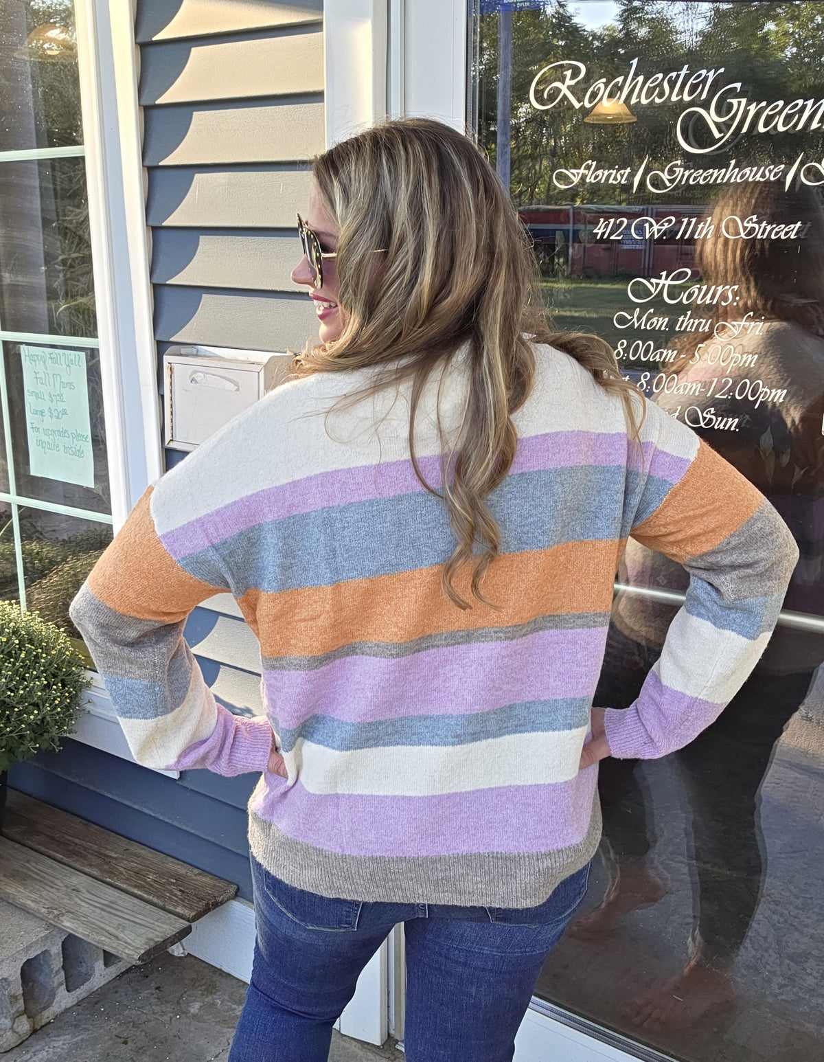 LAVENEDER/ORANGE STRIPED COLORBLOCK KNIT SWEATER