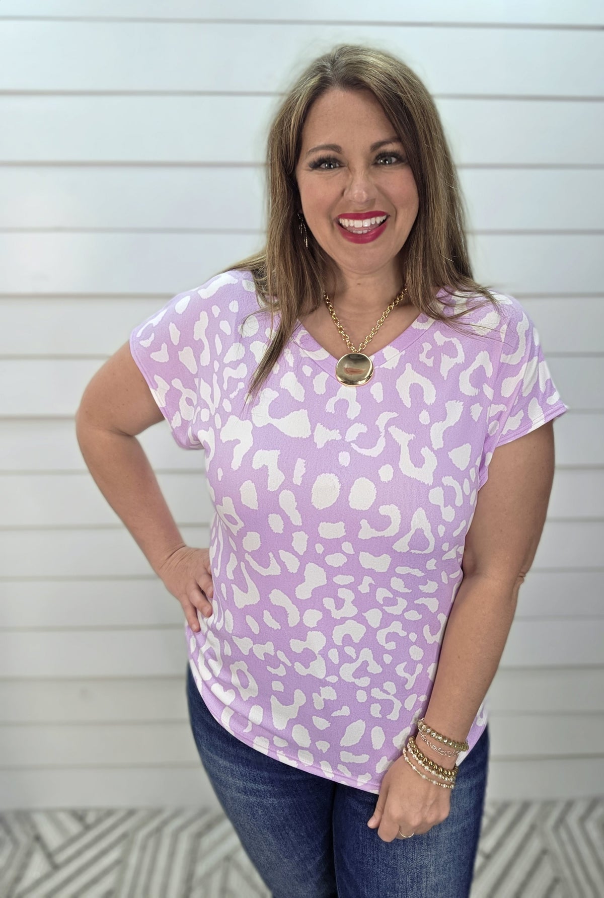 LILAC LEOPARD V NECK BUTTER KNIT TOP