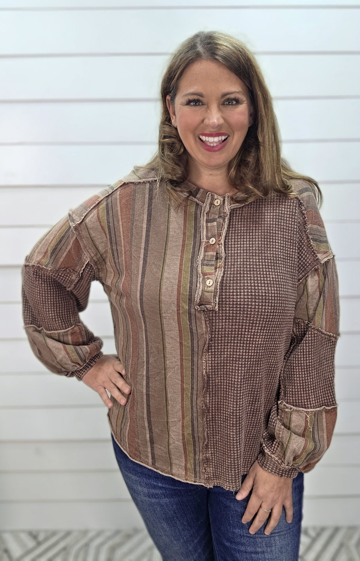 Chocolare Mineral Wash Half Striped Waffle Henley Top