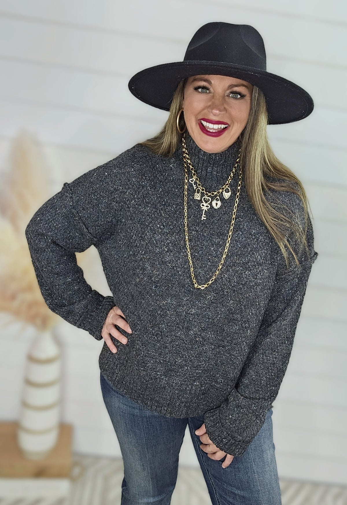 CHARCOAL SPECK COWL NECK SWEATER