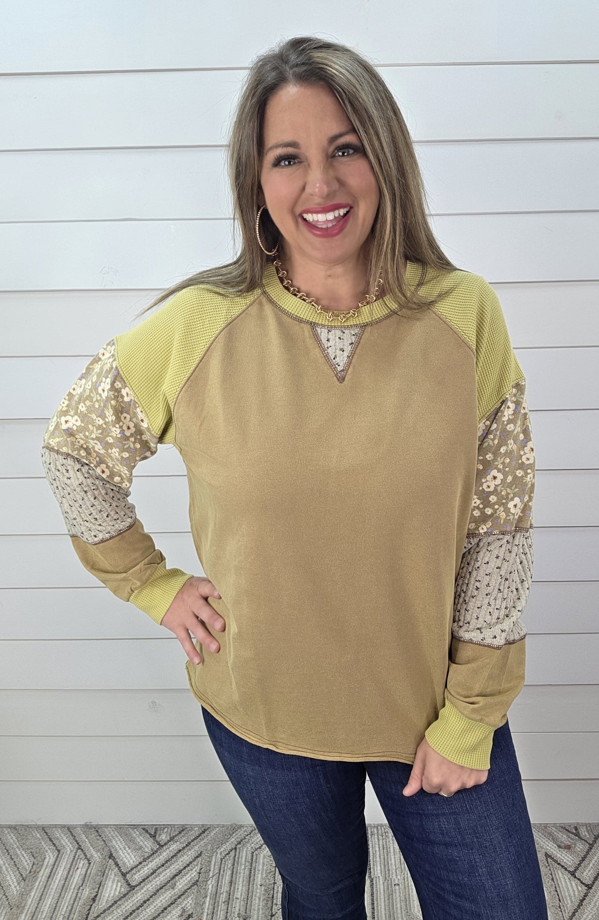 OLIVE PATCHWORK SLEEVE OVERSIZED KNIT TOP