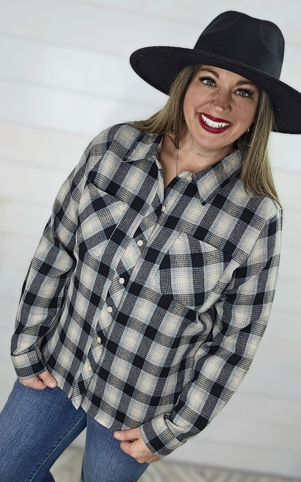 BLACK/GREY CHECK WAFFLE TEXTURE BUTTON DOWN