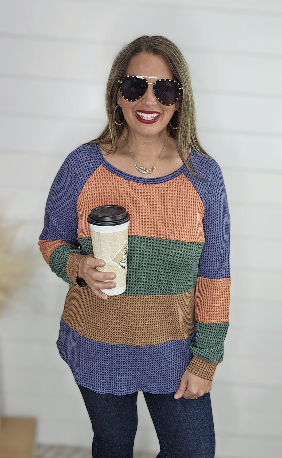 TEAL WAFFLE TEXTURE COLORBLOCK TOP