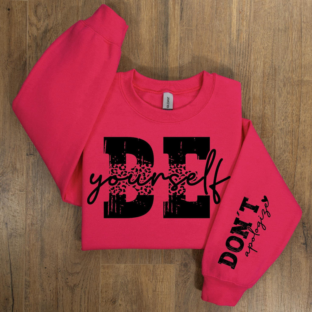Be Yourself Leopard Print With Sleeve Accent Sweatshirt -  ALLOW 7 DAYS TO SHIP + SHIP TIME