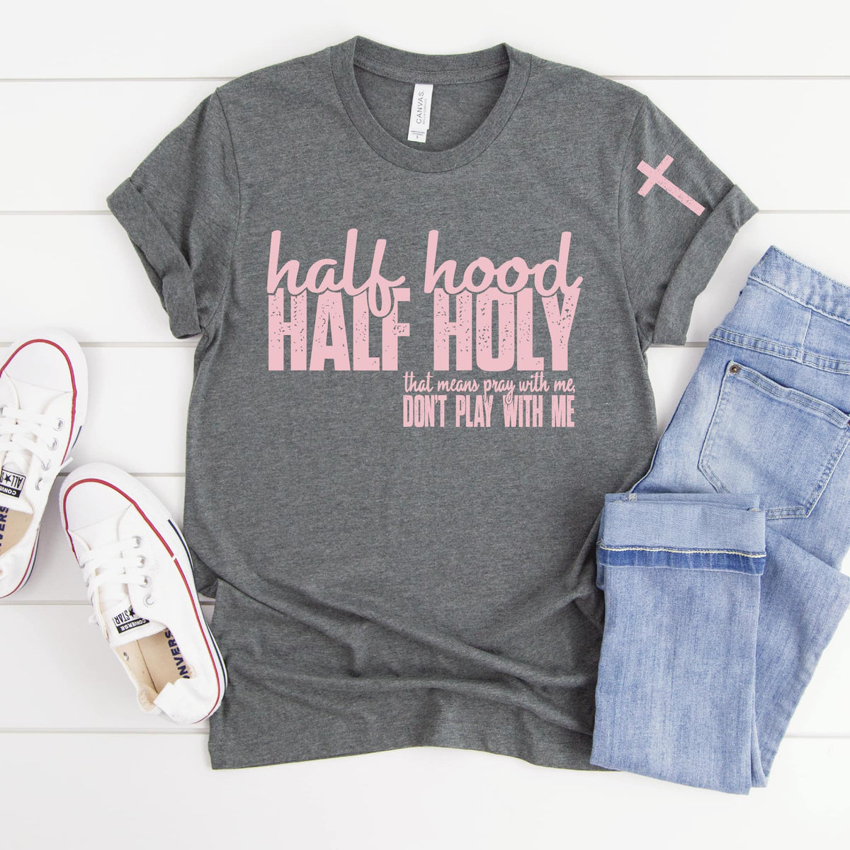 Half Hood Half Holy With Sleeve Accent Graphic Tee ALLOW 7 DAYS TO SHIP + SHIP TIME
