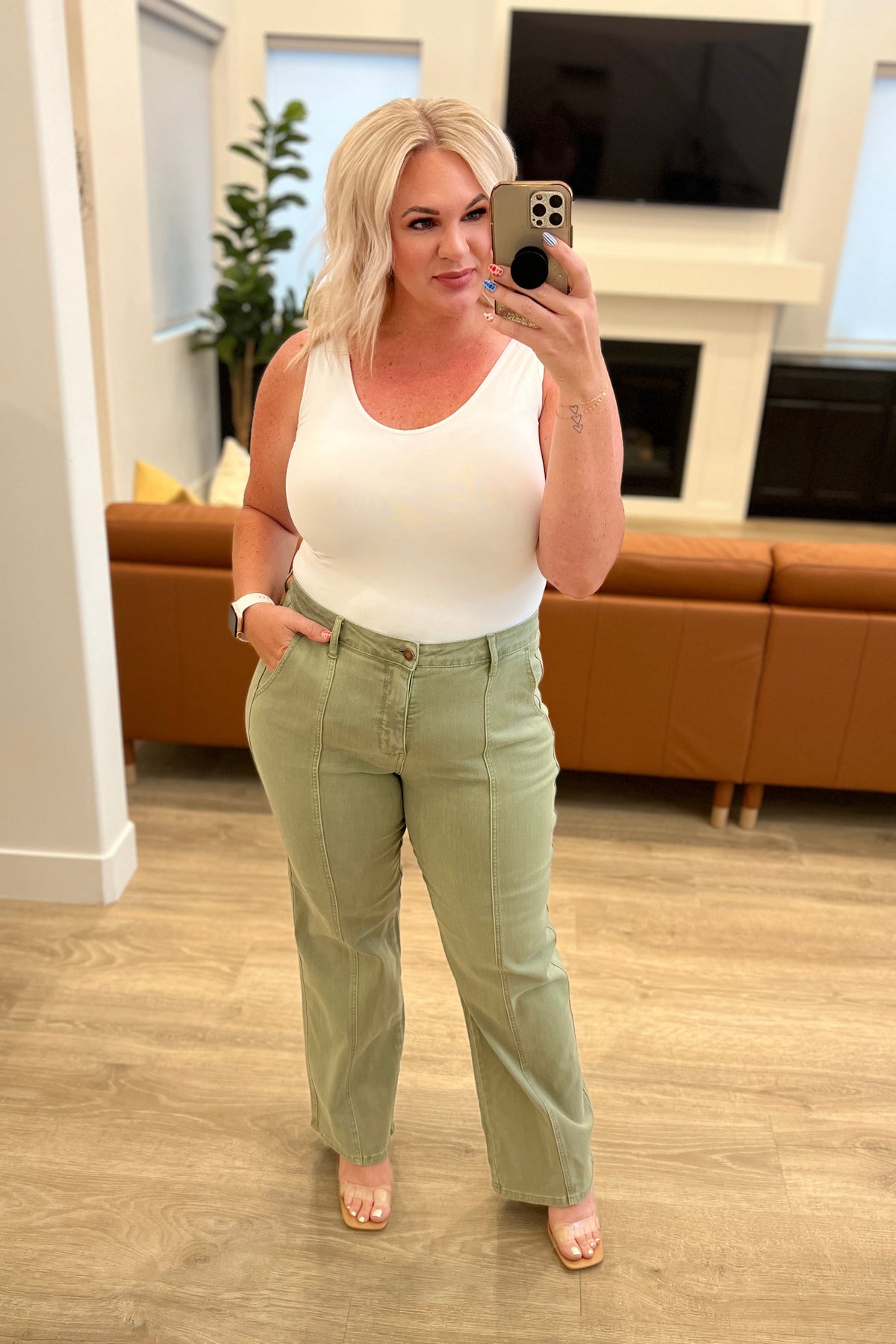 Phoebe High Rise Front Seam Straight Jeans in Olive