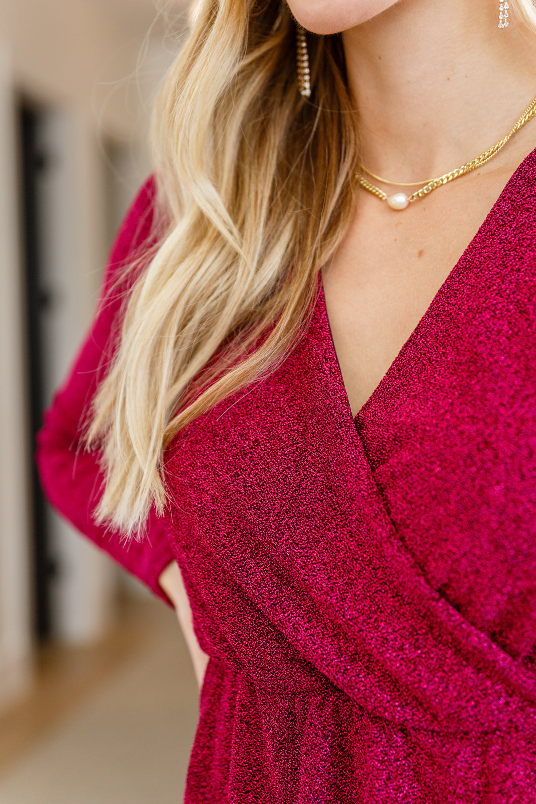 Only You Surplice Neck Sparkle Knit Dress In Magenta