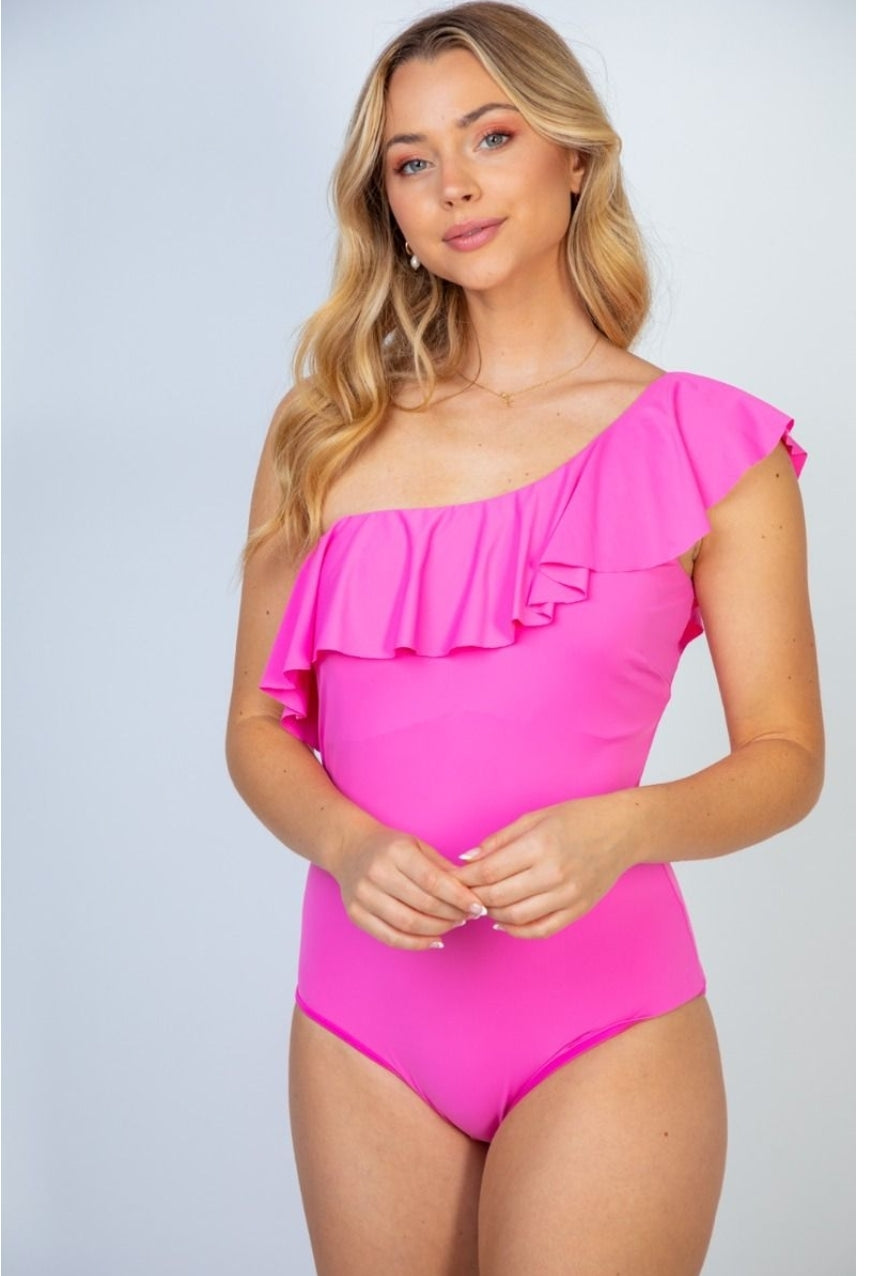 PINK ONE SHOULDER RUFFLE ONE PIECE SWIM SUIT
