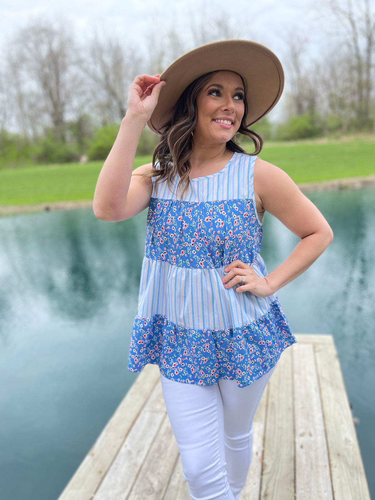 BLUE STRIPED/FLORAL TIERED TOP