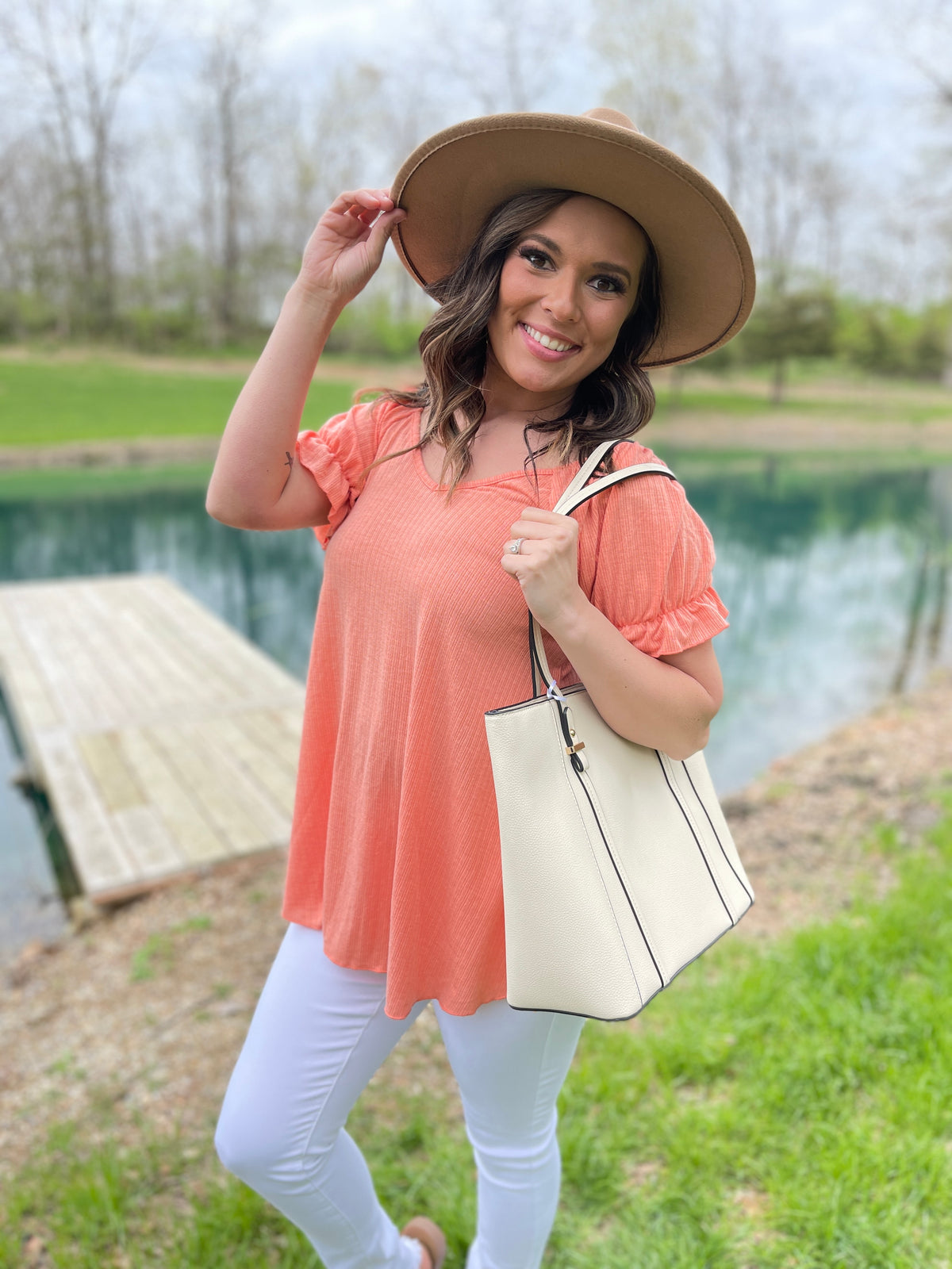 CORAL V NECK RUFFLE SLEEVE TOP