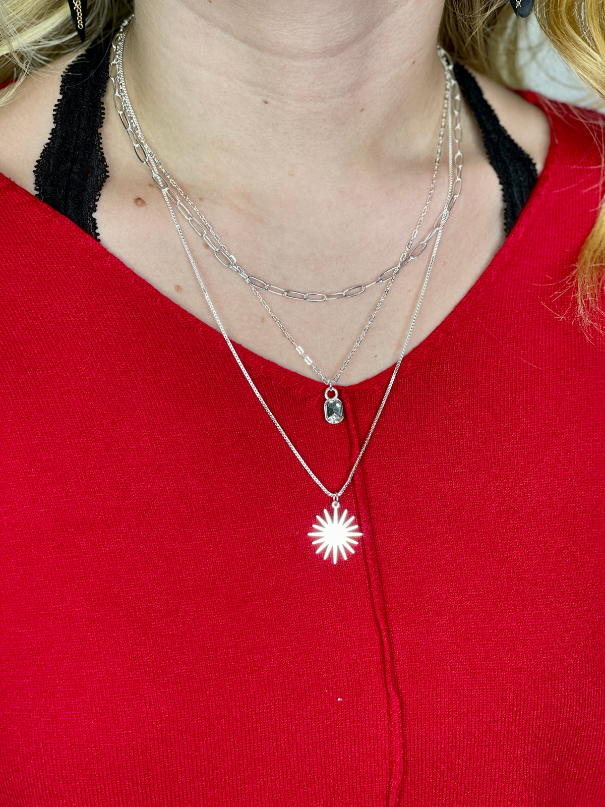 SILVER AND CRYSTAL STARBURST TRIPLE LAYER NECKLACE