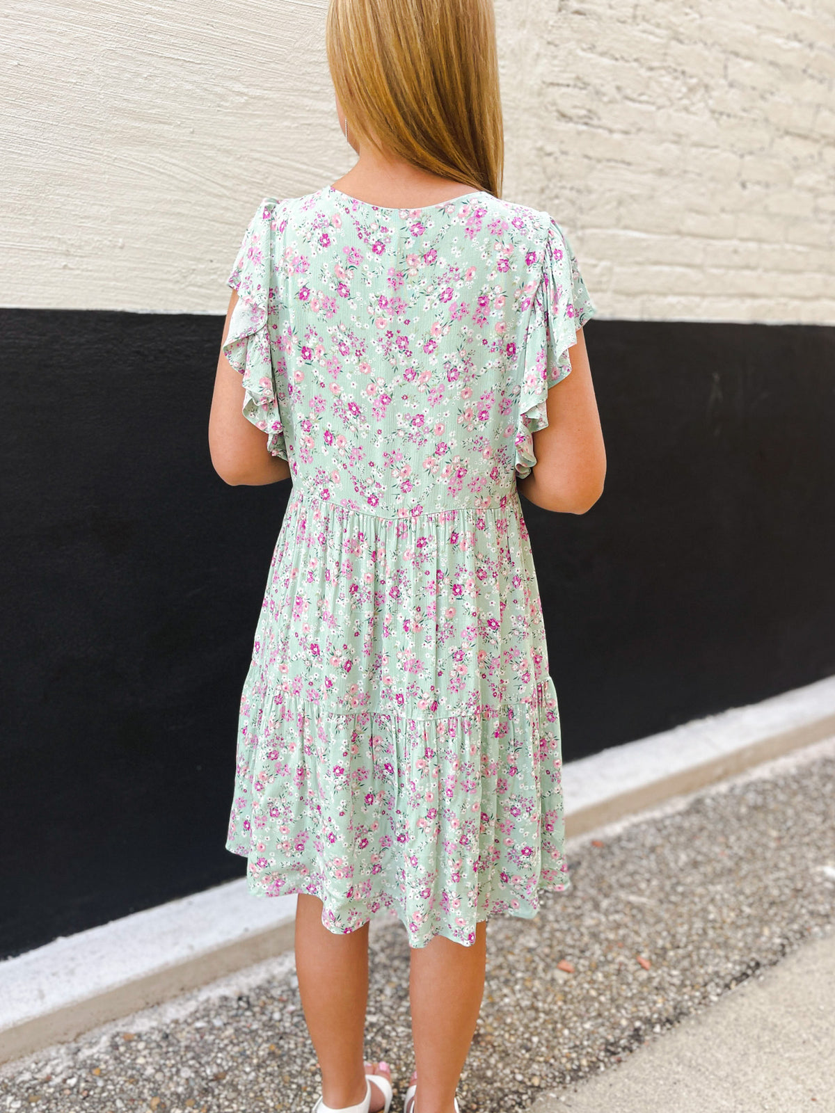 SAGE FLORAL DRESS W/ TIERED SKIRT AND RUFFLE SLEEVE
