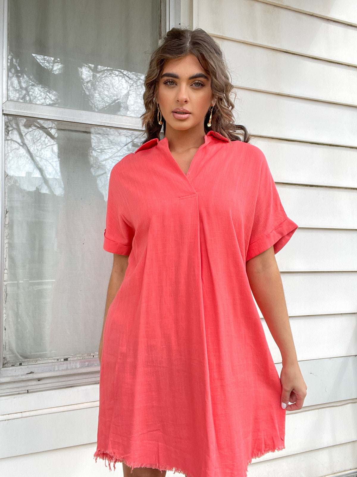 CORAL LINEN BLEND RELAXED FIT DRESS