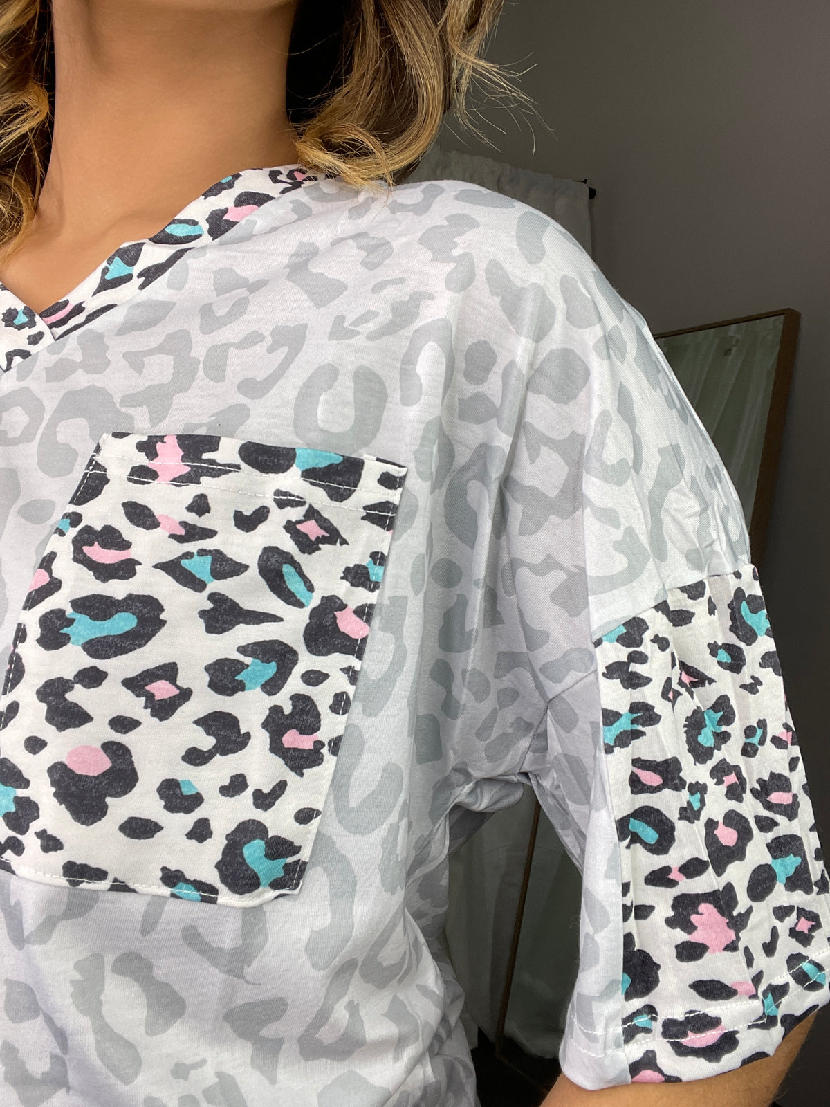GREY LEOPARD TOP W/ COLORFUL LEOPARD ACCENTS