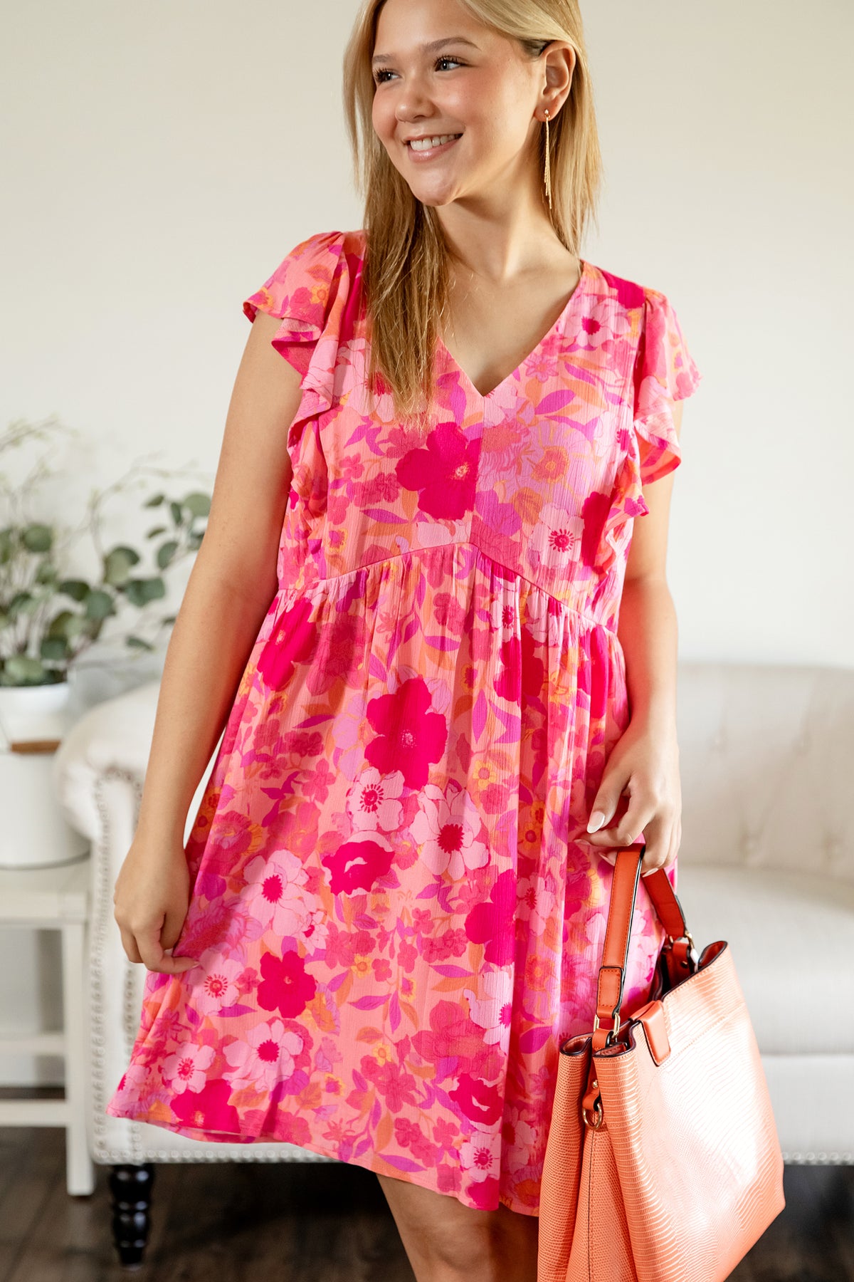 PINK FLORAL RUFFLE SLEEVE DRESS