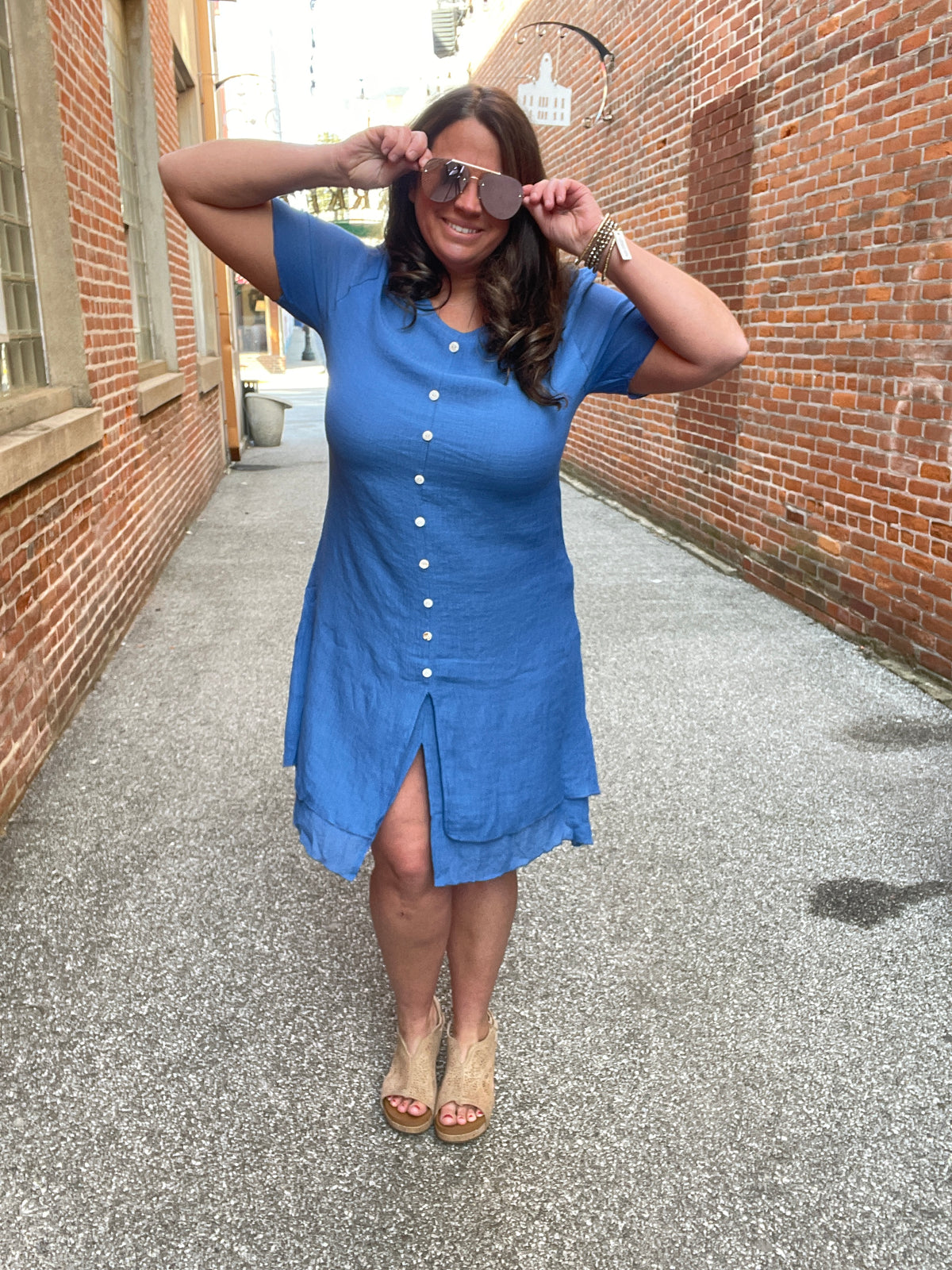 BLUE FAUX BUTTON UP LAYERED DRESS