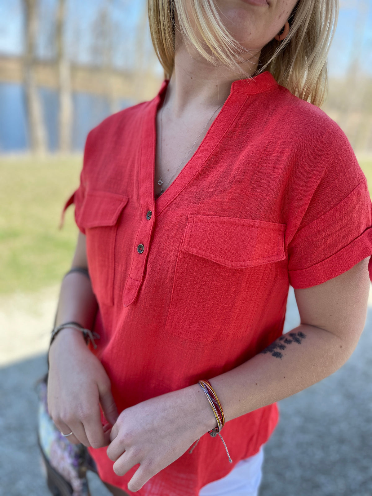 HOT CORAL COTTON TOP W/ TIE SLEEVES